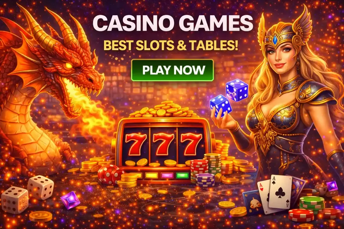 Fantasy warrior woman and dragon next to slot machine and casino dice