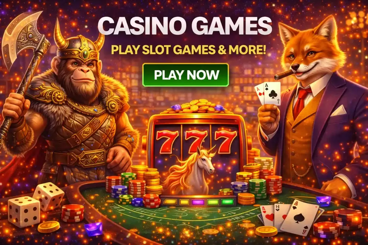 Fox character in suit holding cards next to warrior ape and slot machine