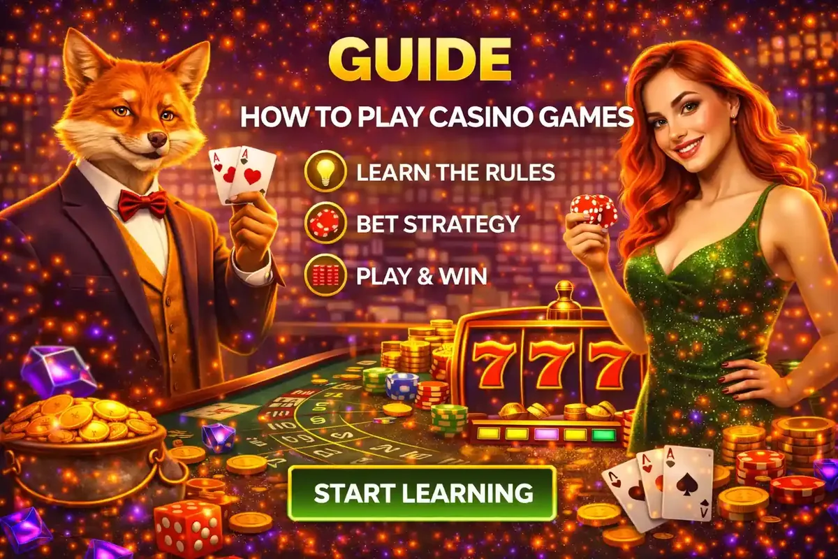 Fox character in a suit giving a guide on how to play casino games