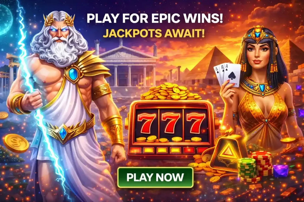 Zeus and Egyptian queen with slot machine and cards offering epic casino wins