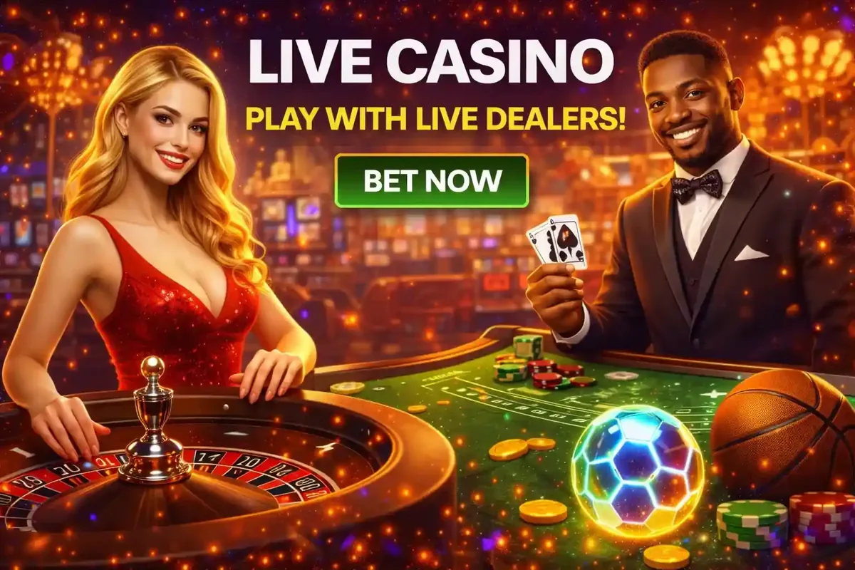 Elegant male and female dealers holding cards and dice inviting players to tables