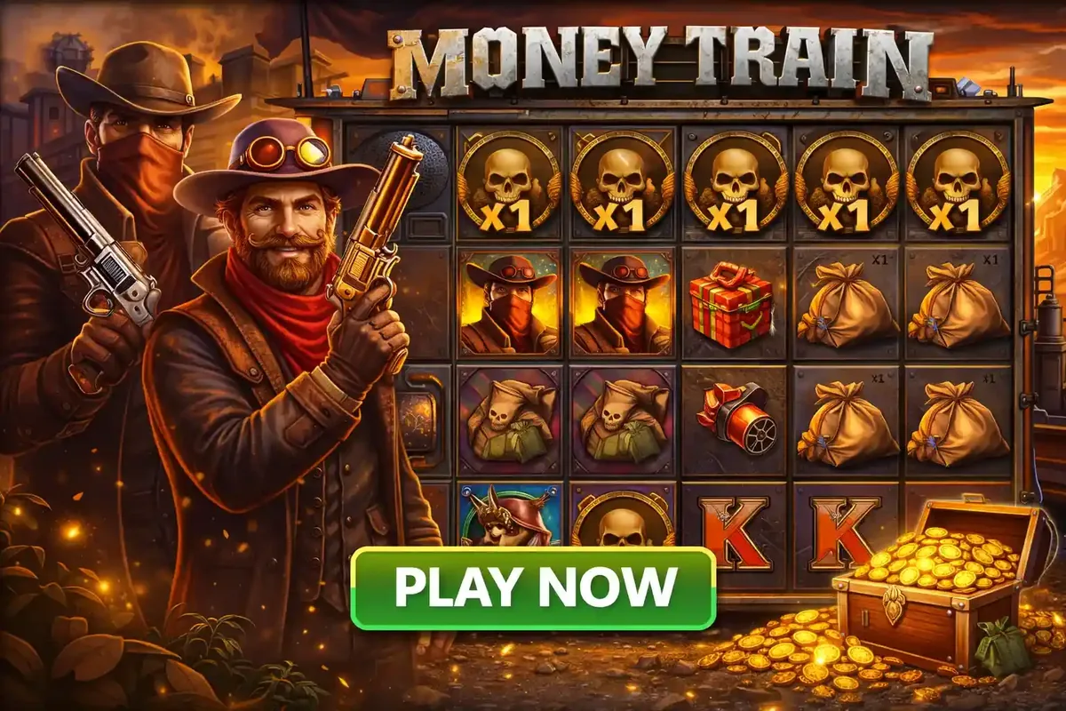 Cowboys and steampunk characters in the Money Train slot machine interface