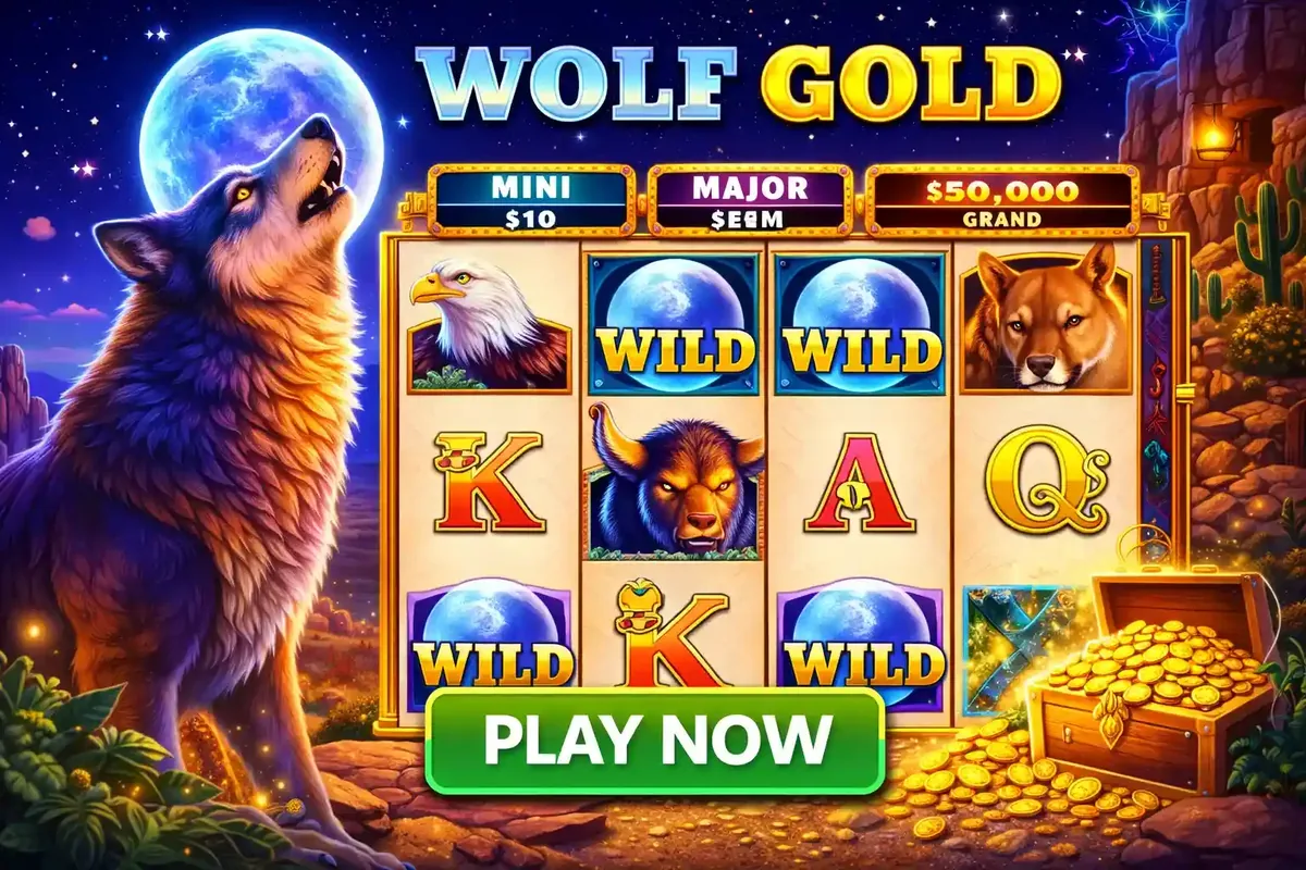 Wolf howling at the moon in the Wolf Gold slot game interface
