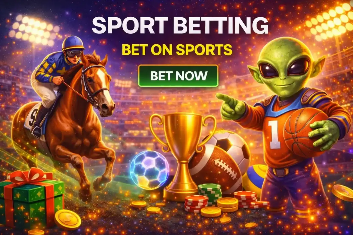 Alien character holding basketball next to jockey and soccer ball for sports wagers