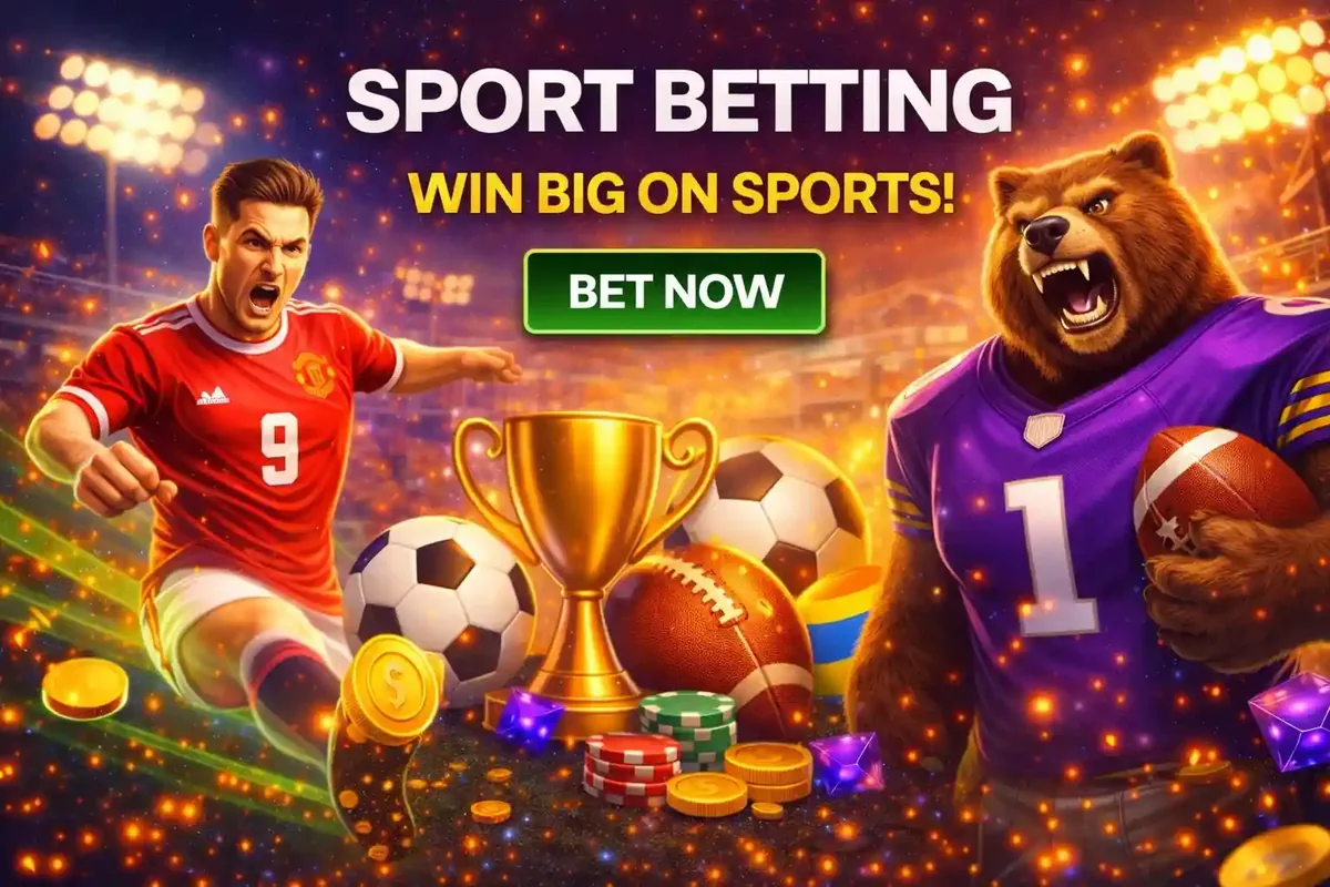 Football player and bear mascot with trophy and balls for sports betting
